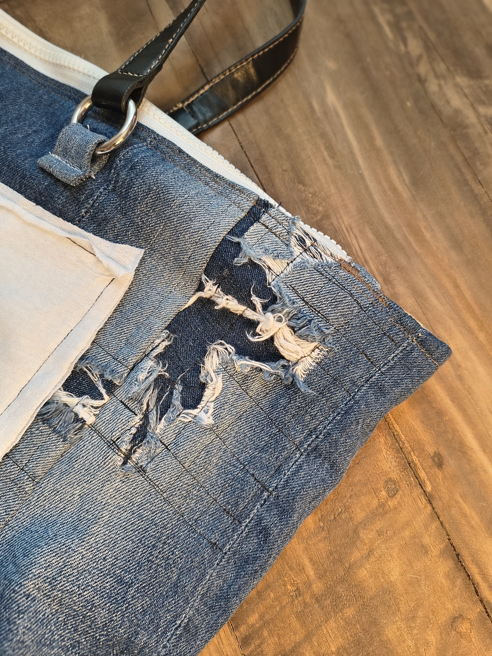 Denim Patchwork Tote Bag with Puppy 💜 Handmade Abstract - Picture 11 of 14
